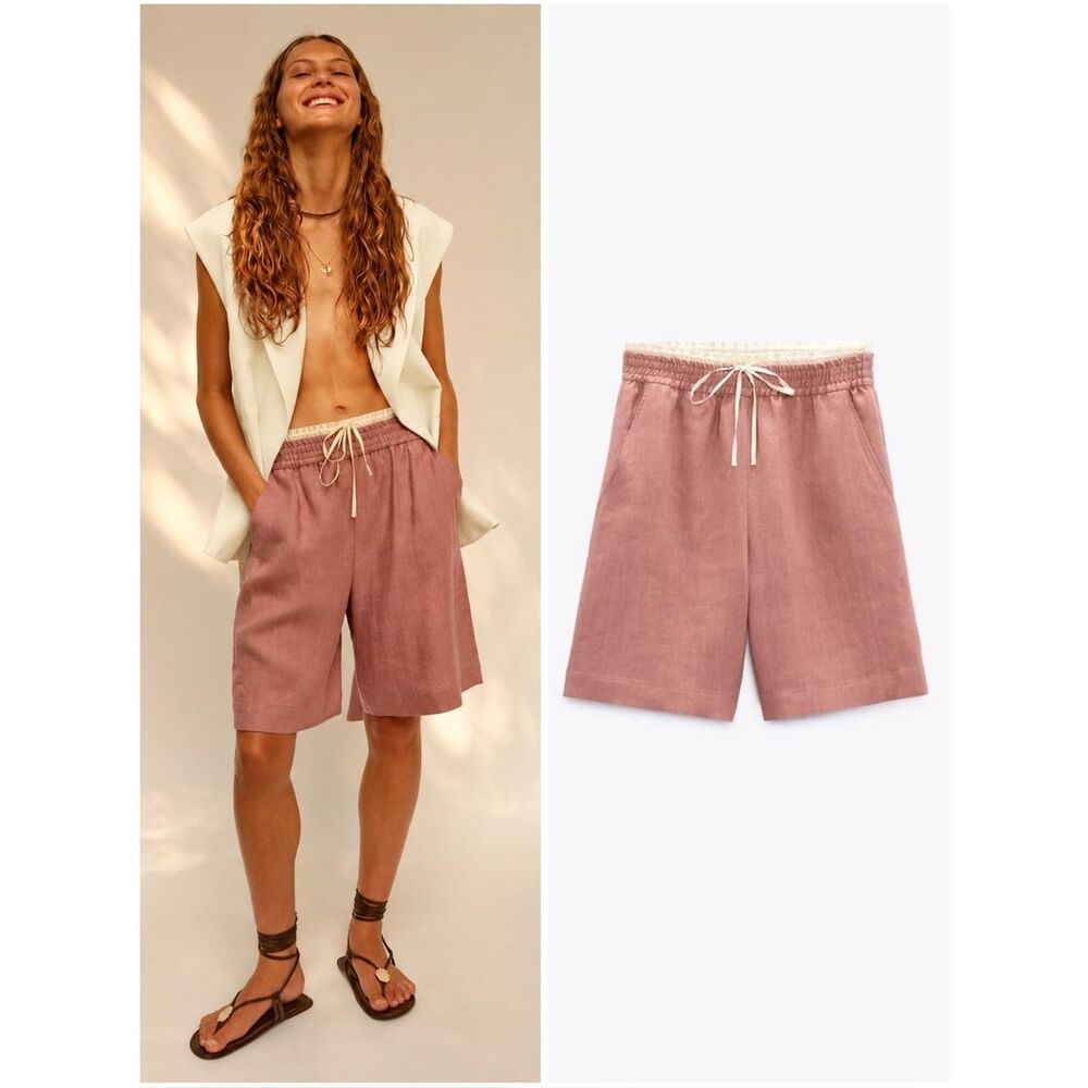 Zara 100% Linen Bermuda Shorts New